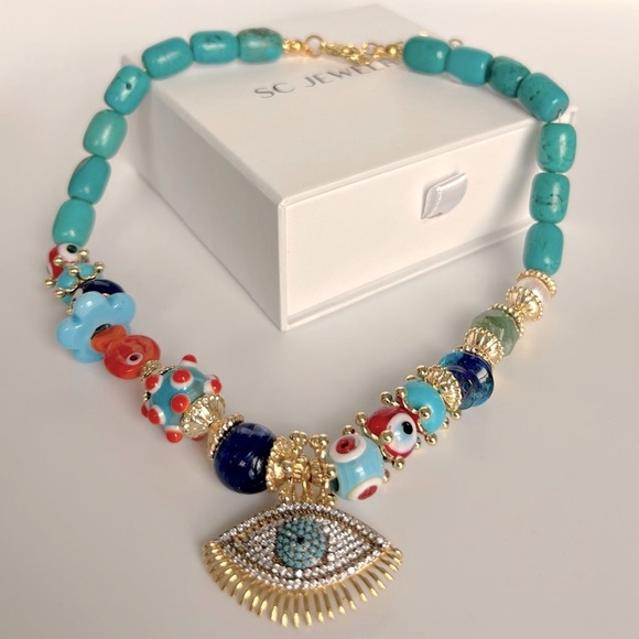 Gemstone Necklace | Natural Agate Stone | Turquoise Evil Eye | Handcrafted - Picture 2 of 9